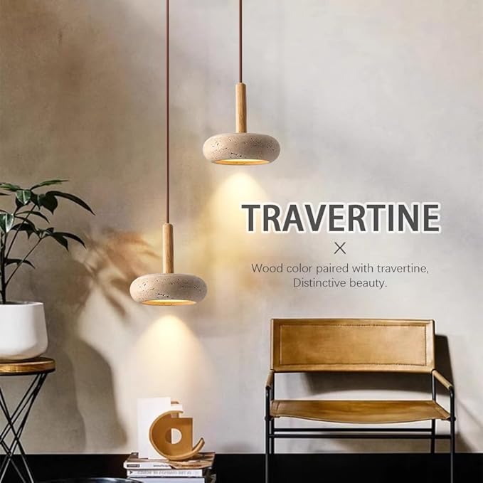 Wabi Sabi Pendant Light, 5.9" Yellow Travertine Pendant Light with Round Natural Stone Shade, Nordic Wood Pendant Lamp for Bedroom Bedside Light Living Room Kitchen Island Entryway Hallway