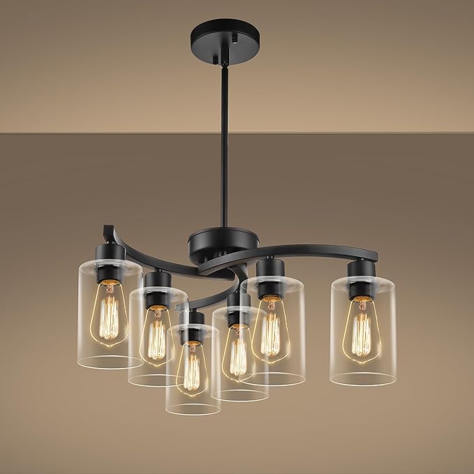 6 Light Modern Chandeliers for Dining Room,21.7" Black Hanging Light Fixture，Kitchen Pendant Lighting Over Island，Industrial Farmhouse Chandelier,Metal with Downward Clear Glass Shade