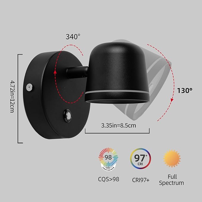 Aisilan Wall Sconce Set of 2, Hardwired Touch Dimmable Wall Light with 3 Color Temperatures, Adjustable 7W LED Wall Lamp CRI97, Modern Black Aluminum Sconce for Bedroom Bedside Hallway