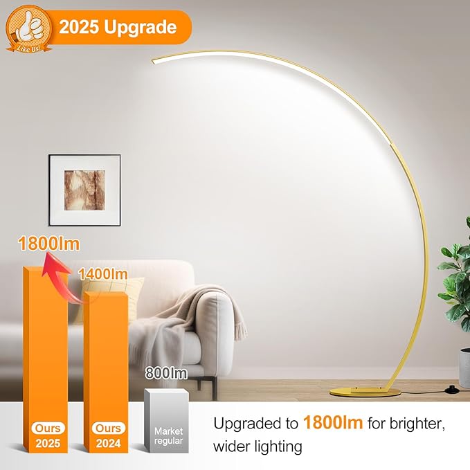 RGB Floor Lamp with 3 Color Temperatures, Ultra Bright 1800LM Smart Arc LED Floor Lamp with Remote Control, Music Sync, Scene Modes, Modern Standing Tall Lamp for Bedroom Living Room Gaming Rooms-Gold
