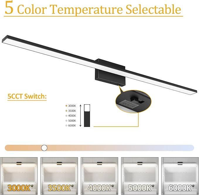 Ralbay 5 Color Temperature Dimmable Mdoern Black Vanity Light for Bathroom Lighting 48inch 36W Acrylic LED Modern Black Bathroom Wall Lighting Fixtures Over Mirror