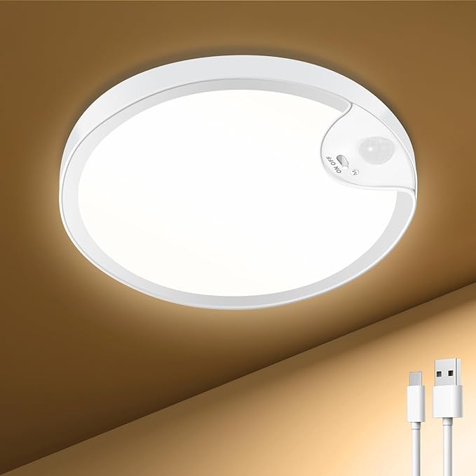 Rechargeable Motion Sensor Closet Light - IP54 Waterproof Shower Light Indoor, Wireless Battery Operated Ceiling Lights, 3CCT Cordless Motion Activated Light for Shower Bathroom Stairs Hallway