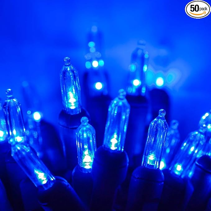 Wintergreen Lighting 50 Count Blue T5 LED Christmas Lights, 25.5 ft Green Wire Indoor/Outdoor Commercial Grade Mini String for Holiday Decor