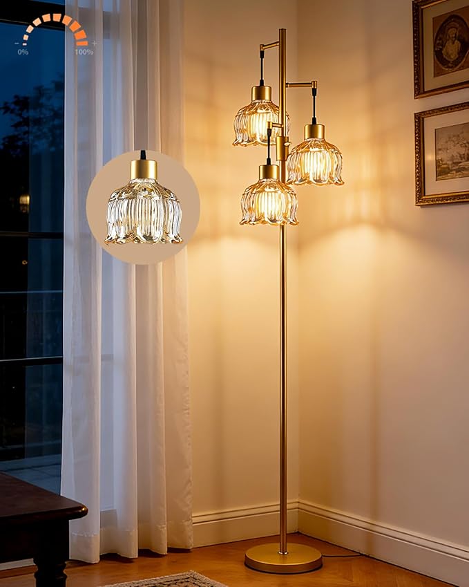 Lightdot 3-Light Lotus Floor Lamps 65'' Dimmable Floor Lamp with Brown Glass Shade& E12 Bulbs Included, Mid Century Tall Flower Lamp for Living Room/Bedroom/Sofa Beside/Corner Decor-Gold