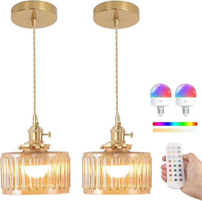 Battery Operated Pendant Light 5000mAh Rechargeable Chandelier with Remote Control Wireless Adjustable Hanging Amber Striped Light for Kitchen Island Dining Room Hallway, 2 Pack