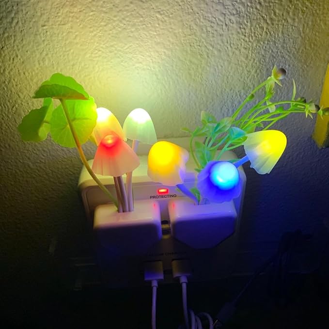 2 Pack Mushroom Night Light Plug-in, Lotus Leaves/Water-Weeds Mushrooms Colors Changing Nightlight Colorful Bedside Lamps Breast-Feeding LED Night Lights for Baby Kid Children Adult