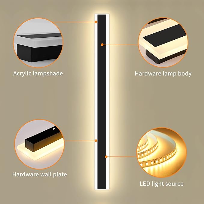 Modern 23.6inch Outdoor Wall Light, 3000k/4500k/6000k 3 Color Change Black Exterior Light Fixtures Wall Mount, Ip65 Waterproof Modern Porch Lights Non-Dimmable, Long Linear Outside Lighting Hard-Wired