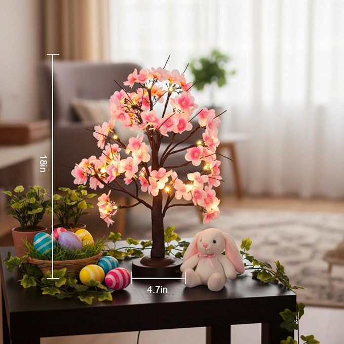 18 Inch Cherry Blossom Tree with Timer, Warm White Tabletop Spring Bonsai Tree USB/Battery Operated, Light up Artificial Tree Decorations for Christmas Indoor Mantel Home Wedding Easter Gift