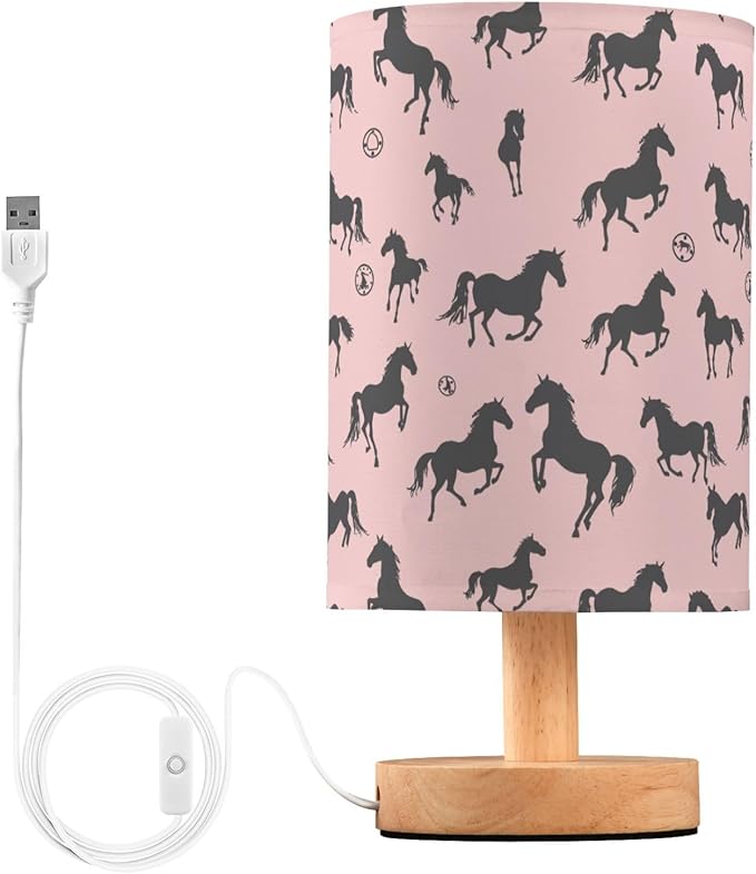 Fustylead Black Horses Light Pink Table Lamp for Bedroom USB Port Lamps Small Accent Table Lamp Nightstand Lamp Study Linen Shade with Wooden Base, Decorative Lamps for Bedside Reading|Kids|Dorm|Home
