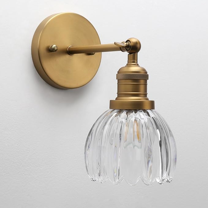 Pathson Adjustable Wall Sconce Lamp with Tulip Thick Glass, Hardwired Bathroom Sconce Brass Gold Wall Vanity Light Fixture for Living Room Farmhouse Bedside Lighting
