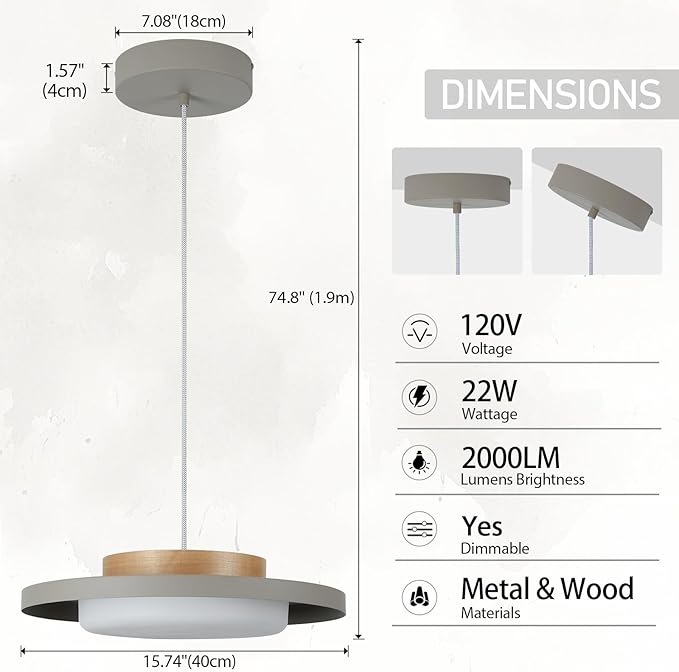 Modern Pendant Lights,15 inch,Natural Wood Cap,3000K/Warm White/22W Dimmable,LED Pendant Light Fixtures for Kitchen, Dining Room, Living Room,Gray