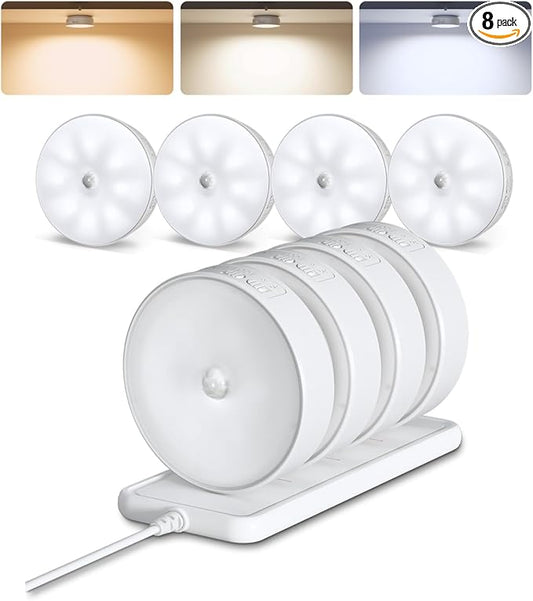 EZVALO 8 Pack Motion Sensor Closet Lights with Charging Station, 1200mAh Rechargeable LED Night Lights, Under Cabinet Lights, Puck Light, Dimmable, 3 Color Temps, Magnetic, Stick on for Kitchen