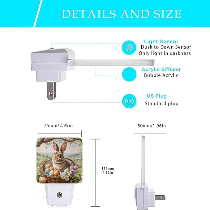 Easter Rabbit Night Light Plug-in,Dusk to Dawn Smart Sensor Led Nightlight for Bedroom Bathroom Kitchen Hallway Stairs Energy Efficient Decor Desk Lamp