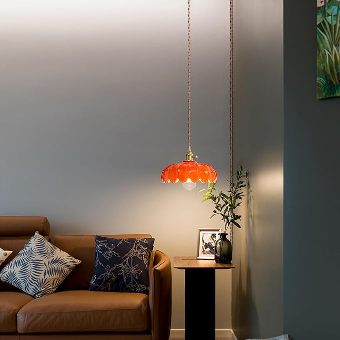 Plug in Pendant Light: Hanging Light Plug in Orange Glass Hanging Lamp, Pendant Lighting for Kitchen Island, Bedroom, Dining Room, Living Room, E26 No Bulb