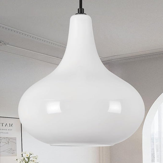 11" Milk White Glass Pendant Light – Modern Ceiling Hanging Fixture Matte Black for Kitchen Island, Dining Room, Hallway – E26 Base