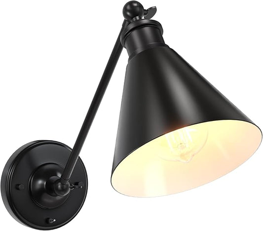 Industrial Vintage Slope Pole Wall Mount Single Sconce with Funnel Flared Metal Shade, Swing Arm Wall Sconce Light Lamp Fixture Hardwired