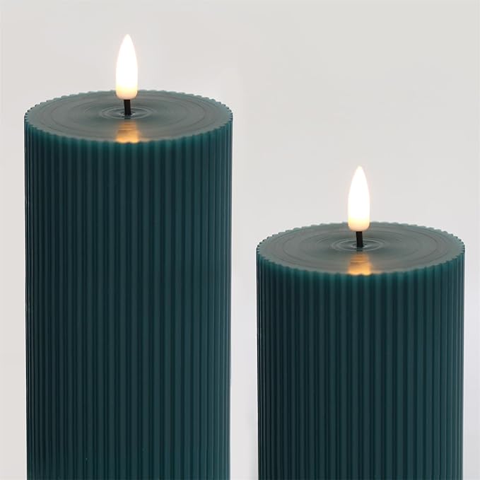 Green Ribbed Flameless Pillar Candles with Remote, 2 Pack Flickering Battery Operated LED Wax Candles Φ 3" H 4" 6"