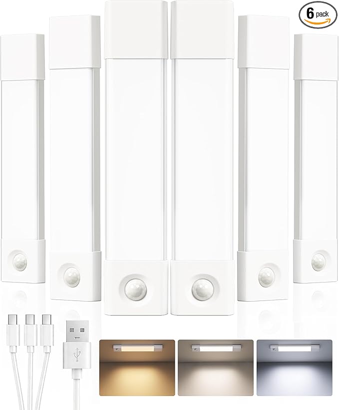 EZVALO 7.8" Rechargeable Motion Sensor Light Indoor, 6-Pack Under Cabinet Lighting, Wireless Closet Lights, 30 LED, Dimmable, 3 Color Temperatures, Step Lights for Kitchen, Pantry, Bedroom, Wardrobe