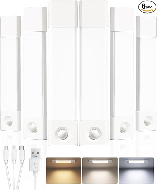 EZVALO 7.8" Rechargeable Motion Sensor Light Indoor, 6-Pack Under Cabinet Lighting, Wireless Closet Lights, 30 LED, Dimmable, 3 Color Temperatures, Step Lights for Kitchen, Pantry, Bedroom, Wardrobe