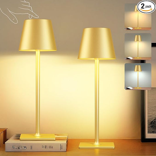 2 Pack Gold Cordless Table Lamp - 6000mAh Battery Operated Touch Lamp with 3 Color Stepless Dimming, Waterproof & Wireless for Indoor & Outdoor Use, Perfect for Living Room Camping Café Patio