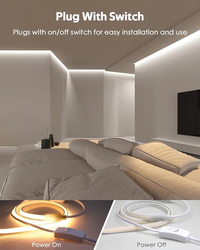 120V COB LED Rope Lights 16.4FT Outdoor LED Strip Lights Waterproof Daylight White 6000K Super Bright Flexible LED Tape Lights with Switch Plug in 288Leds/M for Indoor Exquisite Wall Decor 5M