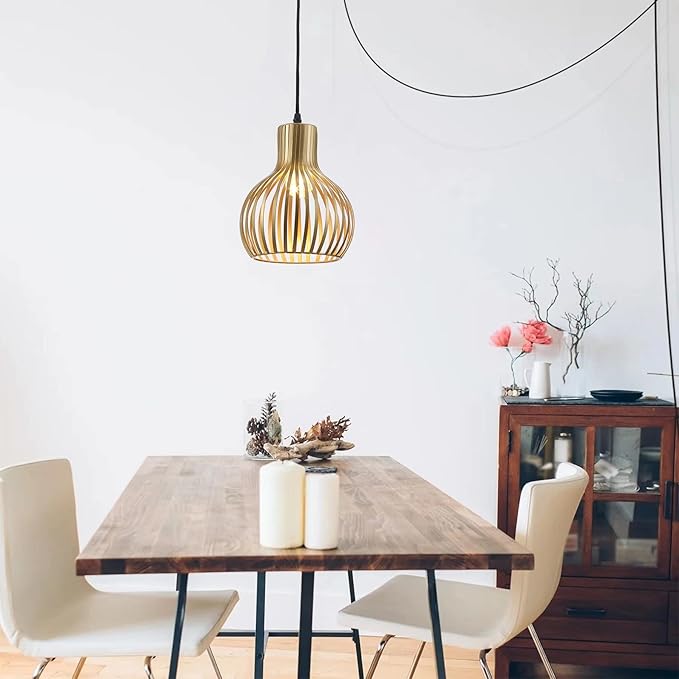 Industrial Wire Cage Plug in Pendant Lighting Metal Hanging Light Fixture with 14.27 Ft Hanging Cord and On/Off Switch (Gold)