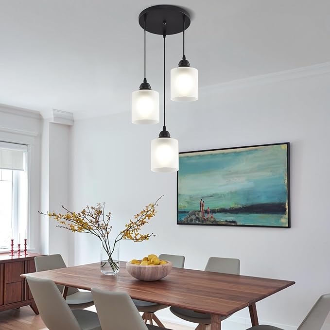3 Lights Industrial Pendant Light with Glass Shade Matte Black Pendant Lighting Adjustable Industrial Retro Style Hanging Light,Kitchen Island Farmhouse Pendant Lights Fixtures for Kitchen,Farmhouse