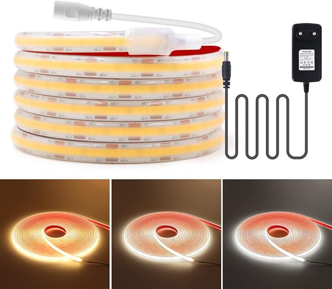 KISUFU 12V COB LED Strip Lights 320 LEDs/M IP68 Waterproof Super Bright DC Flexible LED Tape Lights with Power Adapter for for DIY Bedroom Kitchen Home Decor
