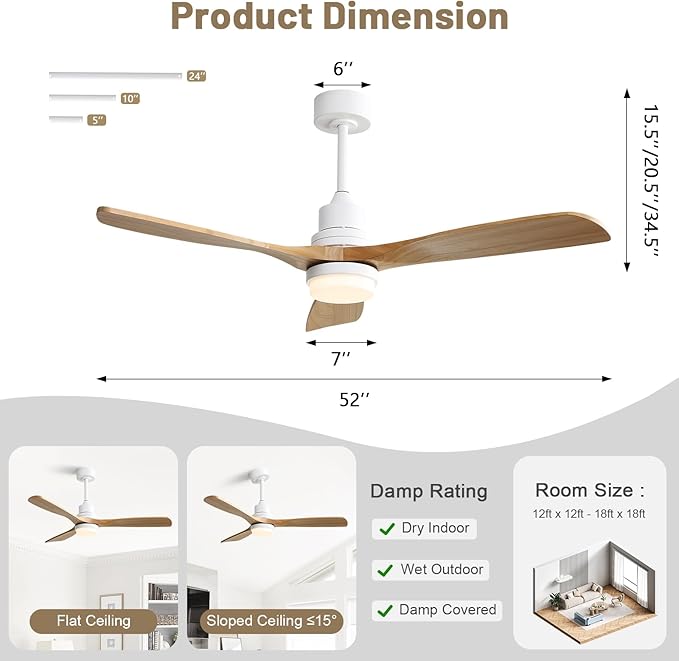 Sofucor 52 Inch Smart Ceiling Fan, Indoor/Outdoor Ceiling Fans with Lights and Remote, Work with Alexa/Google/APP, 6-Speed, Quiet DC Motor, 3 Blades Solid Wood Ceiling Fans for Bedroom Farmhouse Patio