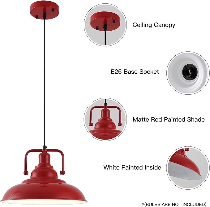 Red Farmhouse Pendant Lights 3 Packs, Metal Pendant Lights Kitchen Island, Industrial Pendant Light, Hanging Island Pendant Light, Barn Light for Kitchen, Living Room, Bedroom, Hallway