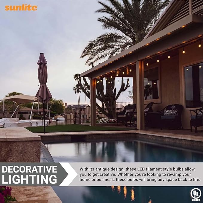 Sunlite 40322 LED S14 Glass Filament Style String Light Bulb, 4 Watts (25W Equivalent), 340 Lumens, Medium Base (E26), Dimmable, UL Listed, High 90 CRI, 2700K Warm White, 6 Count