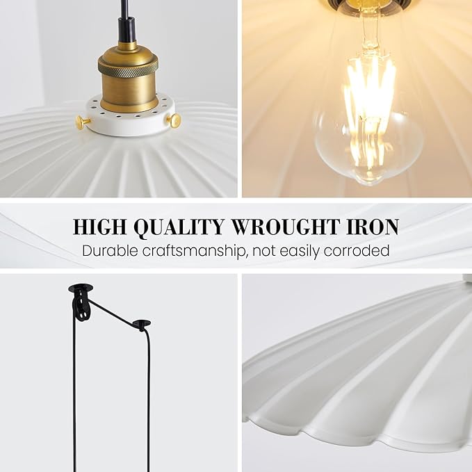 Hanging Plug in Pendant Light 13.8 Inch Round Metal Shade Vintage White Pendant Light for Kitchen Island Dome Industrial Hanging Lamp with Plug in Cord Living Room