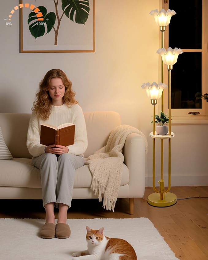Lightdot Flower Floor Lamp for Living Room, Dimmable Vintage Floor Lamp with Shelf& Bulbs Included, 3 Light Warmwhite Mid Century Gold Floral Standing Tall Lamp for Bedroom/Sofa Beside/Corner Decor