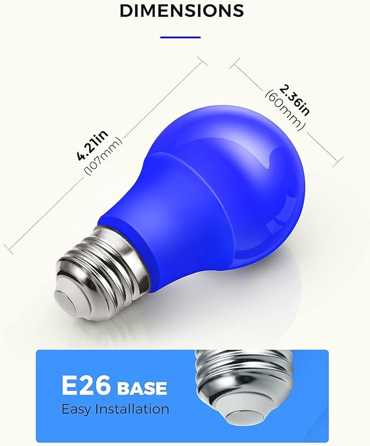 L LOHAS LED Blue Light Bulbs, 9W (60W Equivalent) A19 E26 Base, Non-Dimmable, Vibrant Blue Light for Christmas Indoor Decor, Party, Holiday Lighting, 4 Pack