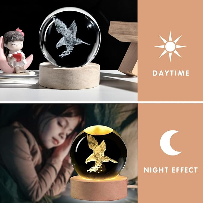 3D Laser Etched Eagle Crystal Ball, Eagle Statue Decor Crystal Sphere Lamp Night Light, Glass Animal Figurines Collectibles Gifts for Women Kids