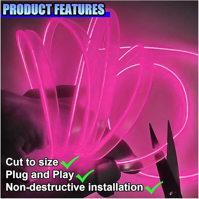 EL Wire Car Interior LED Strip Lights, 5V 16FT Neon Light Strip with Sewing Edge, USB Electroluminescent Car Interior Lights with Fuse Protection, Vehicle Ambient Lighting Decorations (Pink)