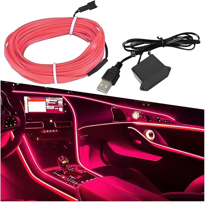 EL Wire Car Interior LED Strip Lights, 5V 16FT Neon Light Strip with Sewing Edge, USB Electroluminescent Car Interior Lights with Fuse Protection, Vehicle Ambient Lighting Decorations (Pink)