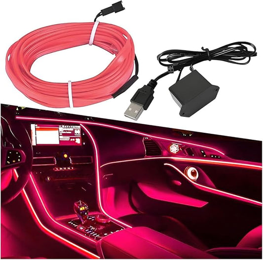 EL Wire Car Interior LED Strip Lights, 5V 16FT Neon Light Strip with Sewing Edge, USB Electroluminescent Car Interior Lights with Fuse Protection, Vehicle Ambient Lighting Decorations (Pink)