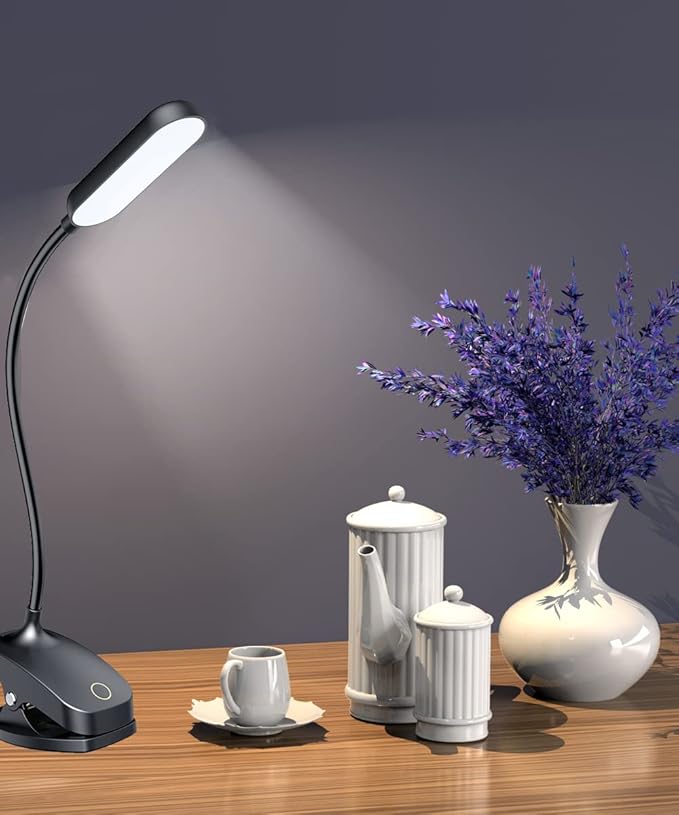 COLORLIFE Desk Lamp Clip On Light-7W 2600mAH Flexible Gooseneck Battery Operated Rechargeable Reading Lamp with Clamp & Stepless Brightness for Desk,Piano,Bed Headboard and Computers