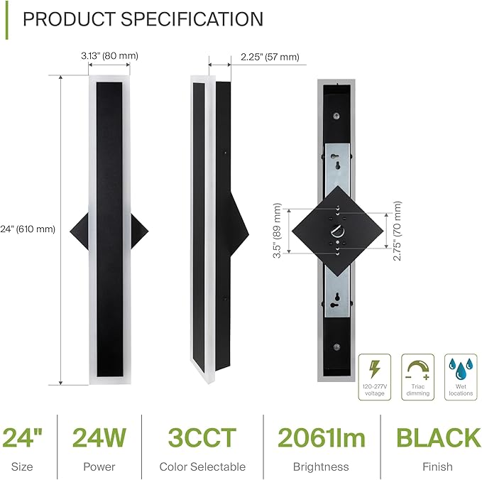 ASD LED 24" Long Wall Mount Light Fixture, Outdoor & Indoor Linear Sconce | 3CCT, Dimmable, Waterproof, Anti-Rust, ETL Listed | 24W 2000LM 3000-5000K 100-277V | Exterior Porch Lighting | Black, 2 Pack