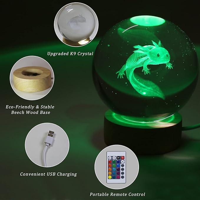 3D Axolotl Crystal Ball Night Light with 16 Color LED Wooden Base, Premium 2.4 Inch Axolotl Glass Ball Lamps with Remote for Birthday Holiday, Cool Axolotl Toy Decor Gifts for Boys Girls Kids