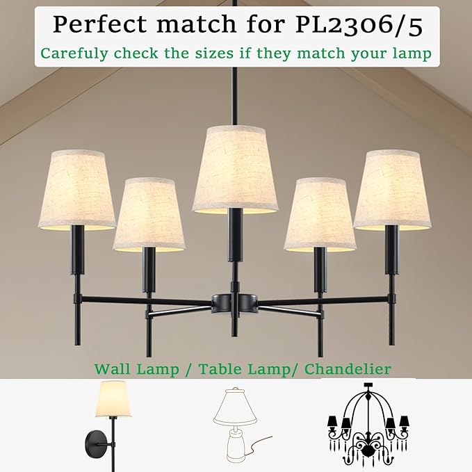5 Pack Beige Chandelier Shades, 4" Top x 6" Bottom x 6" High Barrel Lamp Shade, 4.0x6.0x6.0 Inch Linen Fabric, Perfect Fit for 5-Light Pendant Light Wall Sconce, Clip On Bulb E12 Socket(Large Size)