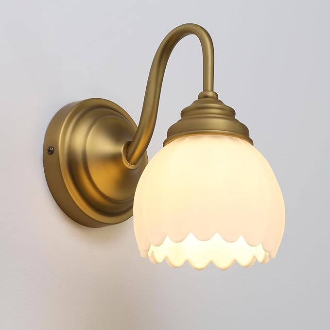 Pathson Milk White Wall Sconce Lamp with Tulip Thicken Glass, Modern Bathroom Sconce Hardwired Wall Vanity Light Indoor Decor for Mirror Living Room Foyer Loft Bedroom Farmhouse Lighting