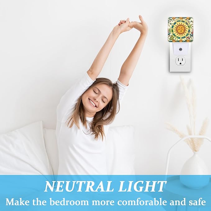Boho Sun Moon Night Light, Plug-into Wall Nightlight Lamp with Dusk to Dawn Sensor, Led Lamp 0.5W Energy Efficient for Boys Girls Adults Home Decor