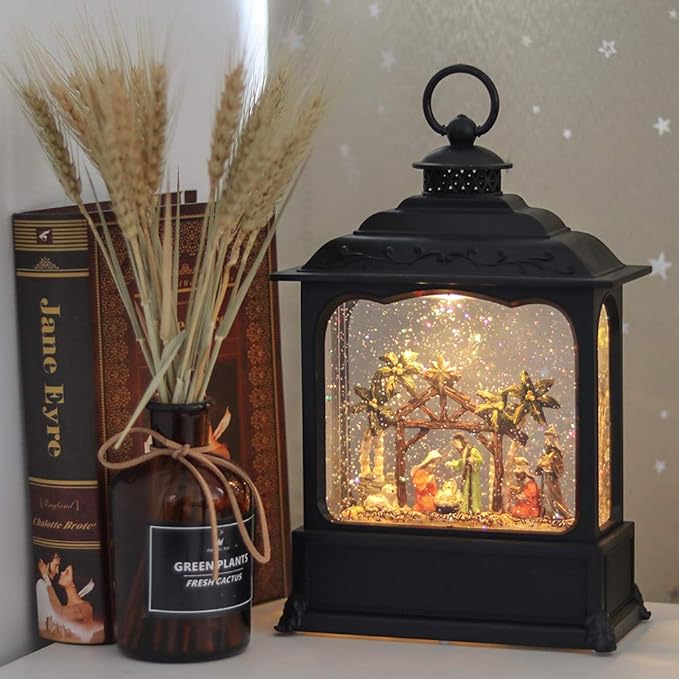 Eldnacele Musical Snow Globe Lantern with Timer, Lighted USB/Battery Operated Swirling Singing Water Glittering Lantern, Snow Globes for Adults and Kids Christmas Decoration- Nativity