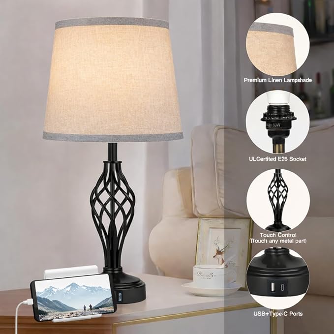 Touch Table Lamps Set of 2, nightstand lamp with USB Ports Bedside 3 Way Touch dimmer Desk lamp for Living Room Bedroom,Black Painted Spiral cage Base Design Warm White dimmer Bulbs Included.
