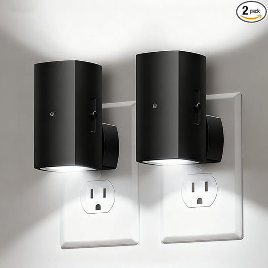 Brightown 2 Pack Black Night Lights Plug into Wall, Modern Night Light with Rotating Plug, Dusk to Dawn Sensor, 0-100LM Stepless Dimming Aora Night Light for Hallway Bedroom Bathroom, Pure White