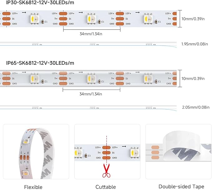 BTF-LIGHTING SK6812(Similar WS2812B) UL Listed RGBW RGB+Natural White(4000K) Individually Addressable DC12V 16.4FT 30LED/m 4 Color in 1 Light Dream LED Strip IP65 White PCB(No Adapter or Controller)