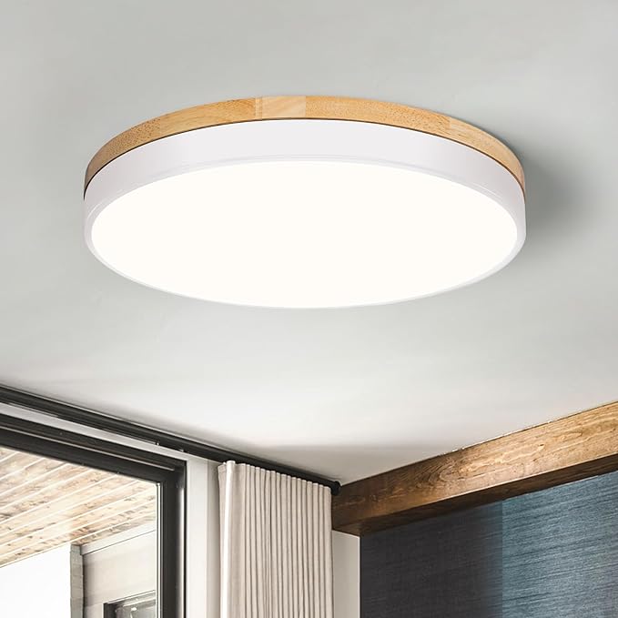 Modern Wood Ceiling Light,Round LED Flush Mount Ceiling Light,Minimalist Ceiling Lamp White Ceiling Lighting Fixtures for Kitchen Bedroom Bathroom Laundry Room Living Room Hallway&11.81 in