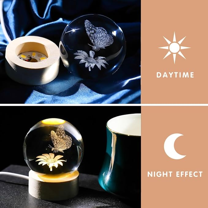 3D Laser Etched Butterfly Crystal Ball with Stand, 60mm Glass Sphere Decorative Balls, Crystal Butterfly Figurine Lamp Night Light Gifts for Women Girls Mom Kids